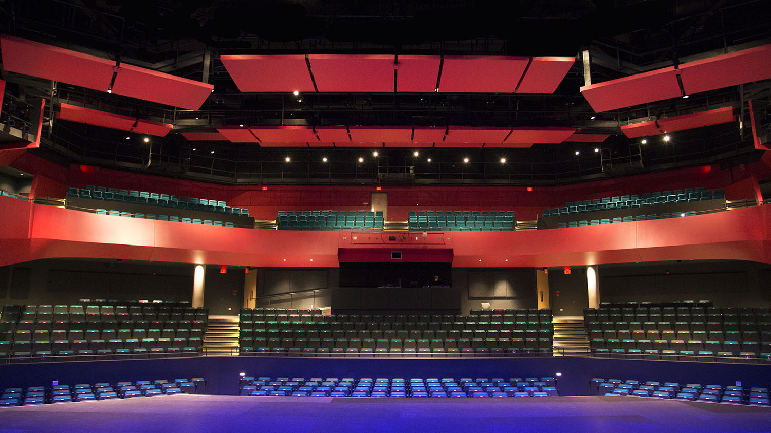 The view from centre-stage of the Algonquin Commons Theatre, facing towards the three audience level