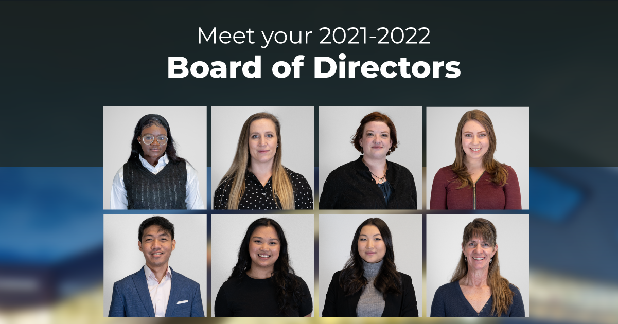 Meet your 2021-2022 Board of Directors! Headshots of the eight new board members smile at the camera.