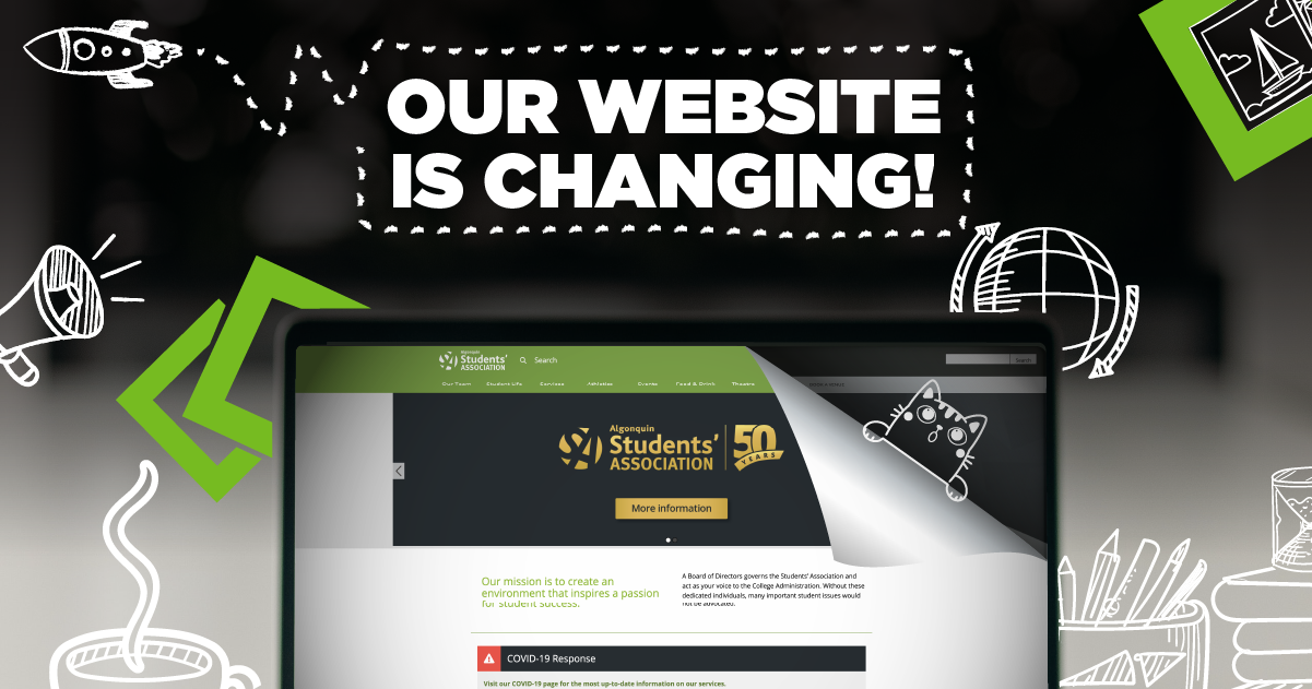 Our Website is Changing is written above a laptop with the current website peeling off