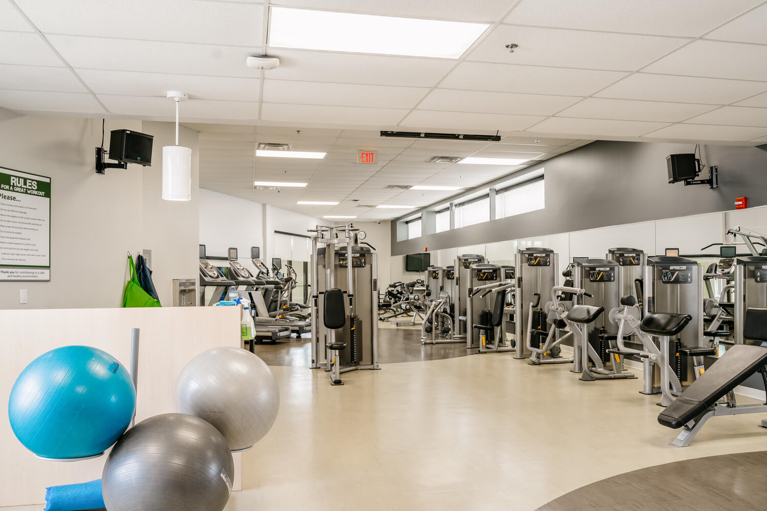 The Fitness Zone has rows of treadmills on the back wall, a welcome desk on the left wall, and weight machines on the right wall.