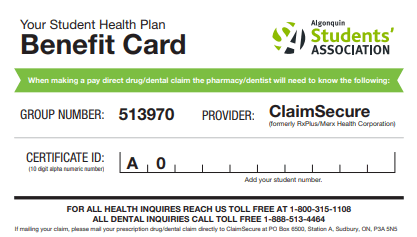 Your student health plan benefit card. Group number is 513970. Provider is ClaimSecure. Certificate ID is the letter A followed by your student number.