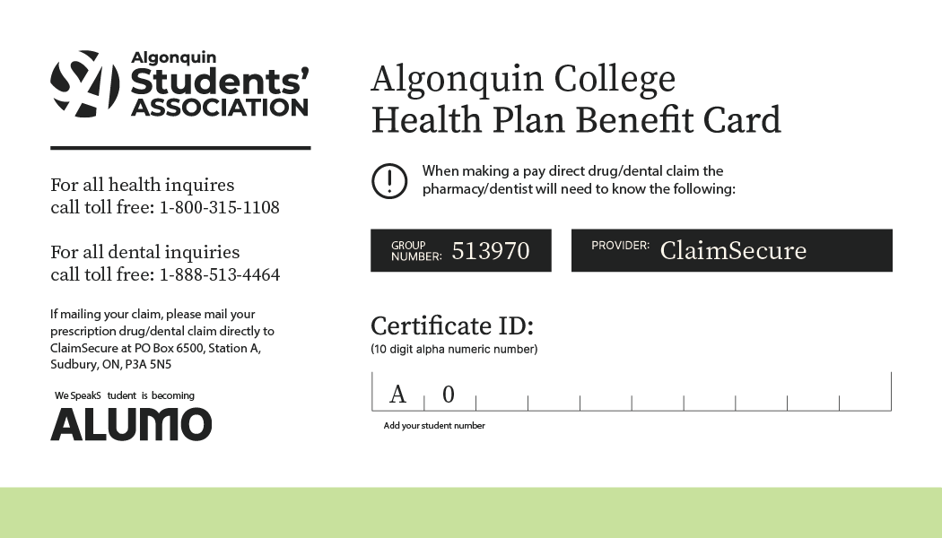 Your student health plan benefit card. Group number is 513970. Provider is ClaimSecure. Certificate ID is the letter A followed by your student number.